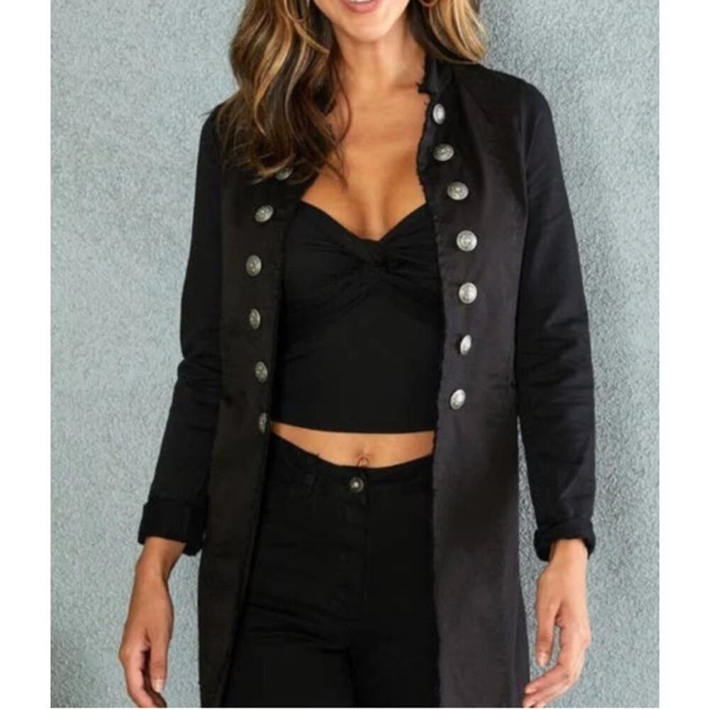 Porter Collective Military Long Jacket Black Open Front Silver Textured Small